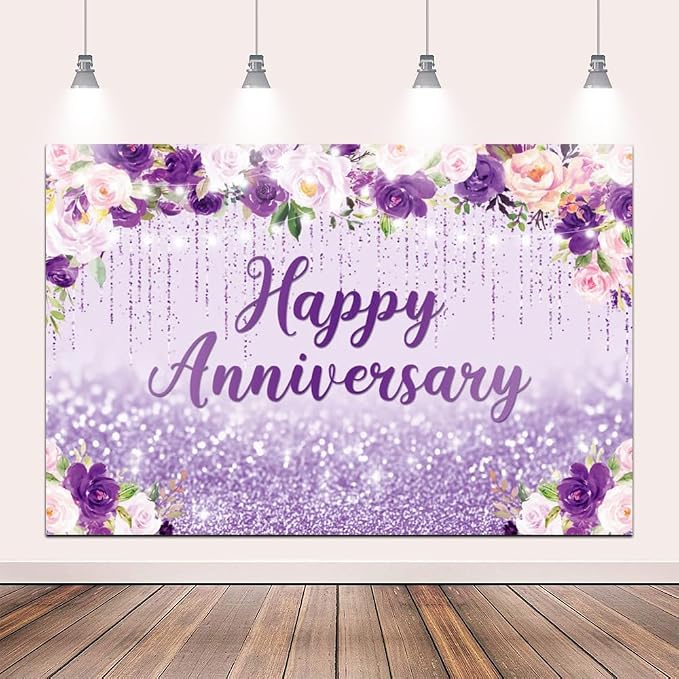 12x8ft Happy Anniversary Backdrop, Floral Glitter Backdrop for Women Wedding Anniversary Decoration Violet and Pink Flowers Photography Background Cake Table Banner Party Decor