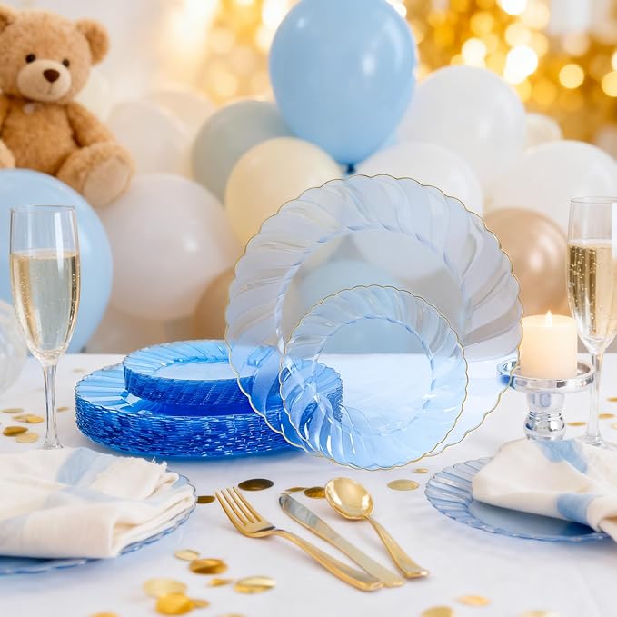 YOUBET 125PCS Clear Blue Gold Plastic Plates - Blue Disposable Plates With Gold Rim Include 25 Dinner Plates 25 Dessert Plates 75 Golden Silverwares for Wedding Birthday & Parties