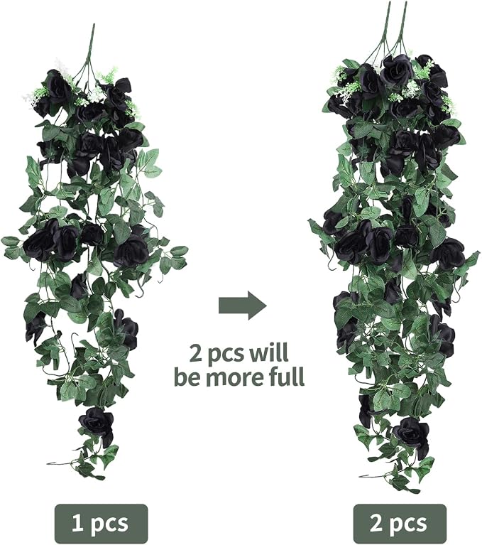 RECUTMS Artificial Black Rose Hanging Flower Plants Decorations, 2 PCS 3.3Ft Fake Floral lvy Garland with 30 LED Fairy String Lights for Indoor Wall Wedding Outdoor Home Garden Gothic Halloween Decor