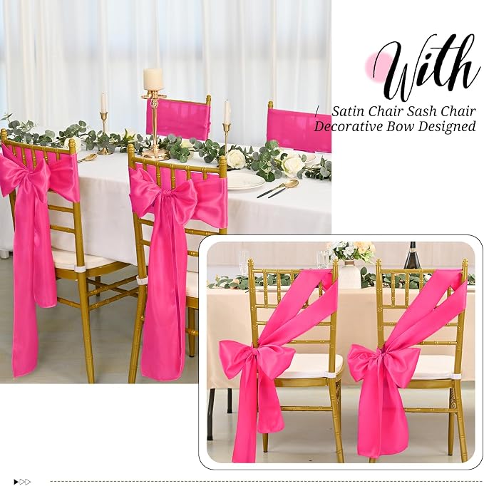 Pesonlook 60 PCS Hot Pink Satin Chair Sashes Bows Satin Chair Sashes Universal Chair Cover for Wedding Reception Restaurant Event Decoration Banquet,Party,Hotel Event Decorations (7 x 108 inch)