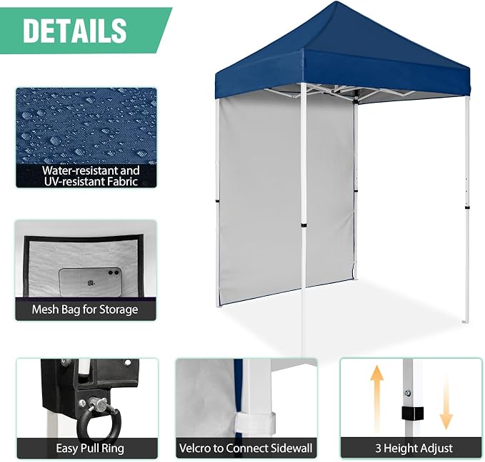 5x5 Pop Up Canopy Tent with One Sidewall, Instant Portable Beach Canopy, Outdoor Tent with Carry Bag for Camping, Sports, Tailgating, Events, Dark Blue