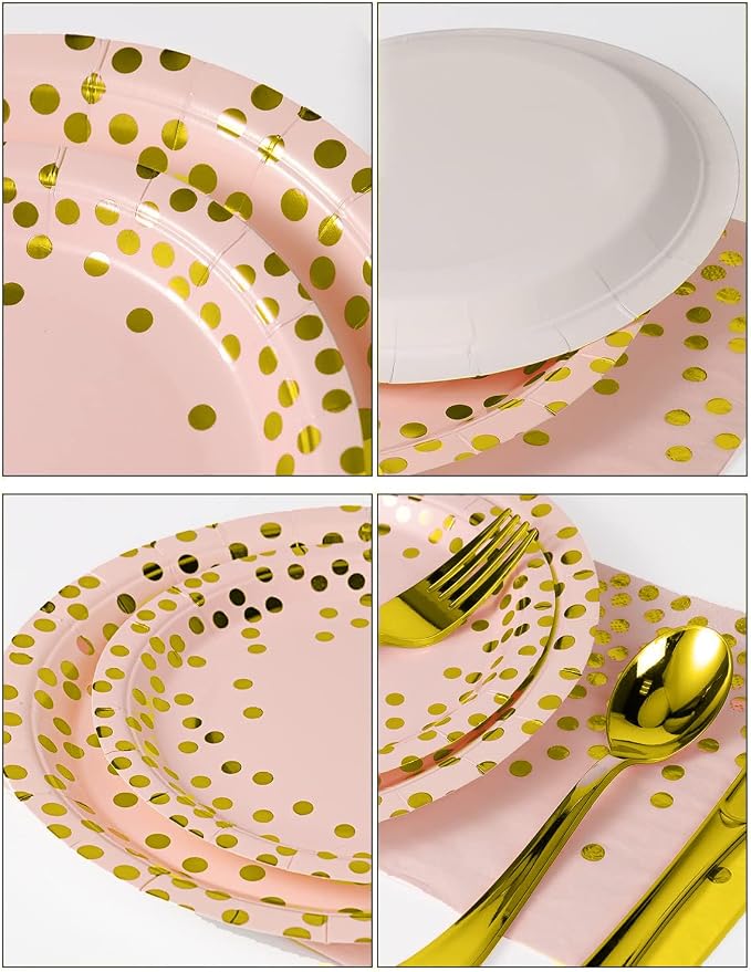 Nkaiso 141 Pieces Pink Gold Party Supplies, Party Dinnerware Sets Include Paper Plates Napkins Cups Silverware, for Wedding Bridal Shower Engagement Birthday Parties Decoration -20 Serves