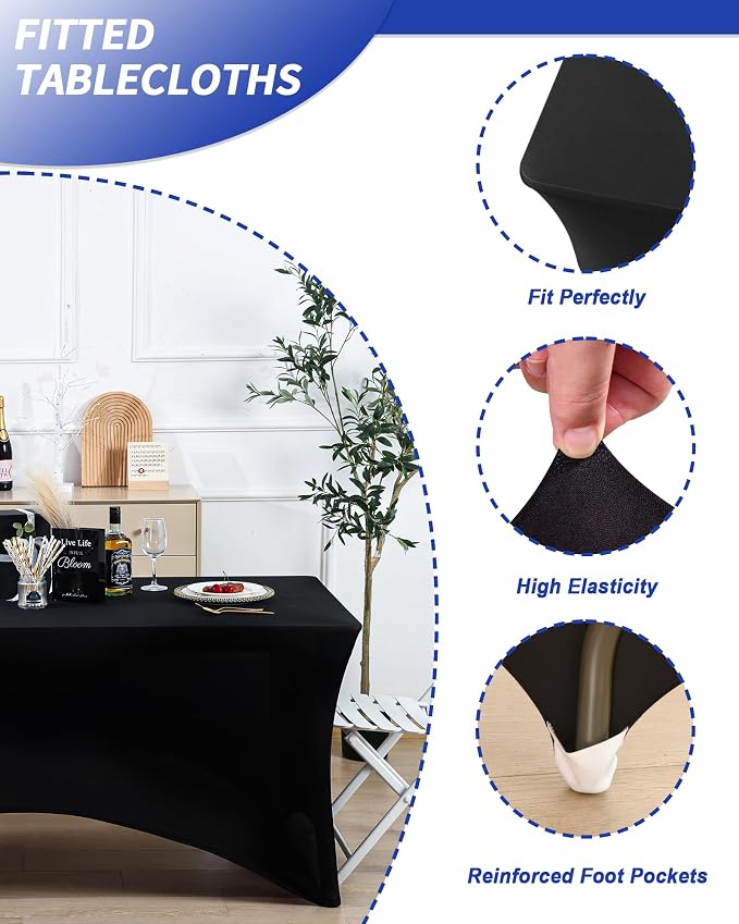 Fixwal 18 Pack 6Ft Black Table Cover, Spandex Fitted Bulk Tablecloths Rectangle, Wrinkle-Free and Stretch Folding Table Cloth for Banquet, Wedding, Party, Trade Show
