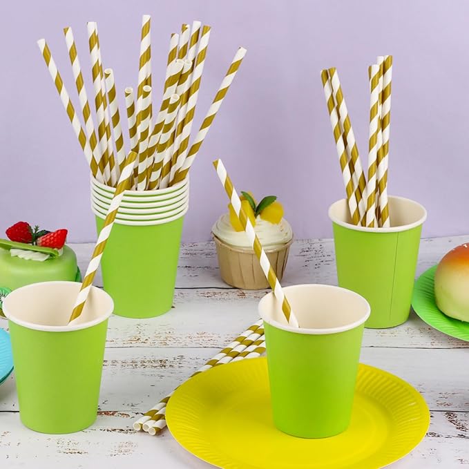 100 Packs Brown Biodegradable Striped Paper Straws, Disposable Drinking Straws for Birthday Carnival Summer Pool Party Wedding Baby Shower Halloween Christmas Party Decoration Supplies