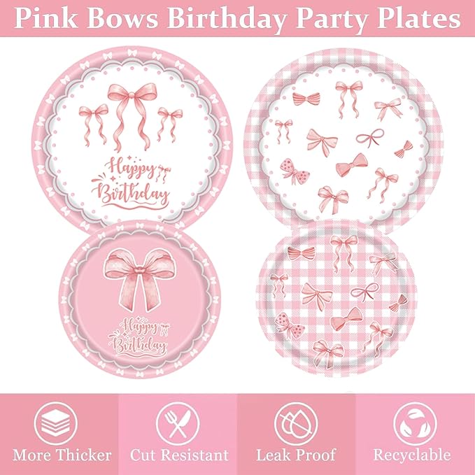 219Pcs Pink Bow Birthday Decorations, Coquette Tableware Set 24 Guests | Birthday plates and napkins, pink balloons, bow tablecloth and stickers for party supplies setup