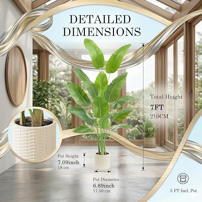 Artificial Bird of Paradise Plant: 7FT Faux Traveler's Palm Fake Banana Tree Elephant Ear Leaf Tall Silk Floor Plant in White Pot for Home Decor Indoor Office Entryway Balcony Patio Cafe Hotel