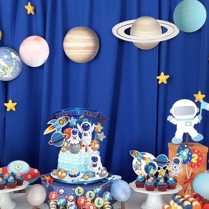Astronaut Figurines Cake Toppers 32Pcs Outer Space Cake Decorations Spaceman Figures Planet Rocket Stars and Satellite Balls for Two The Moon First Trip Around the Sun Birthday Baby Shower