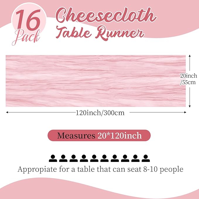 16 Pack Light Pink Cheesecloth Table Runners 20x120 Inch Gauze Table Runner Cheese Cloth 10FT Pink Table Runner Rustic Sheer Runner for Wedding Birthday Party Baby Shower Table Decor