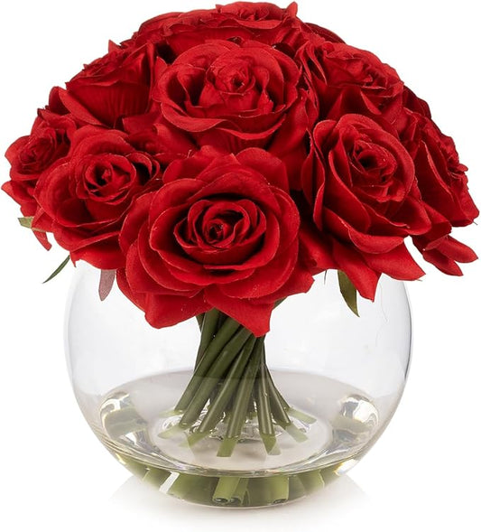 ENOVA FLORAL 16 Heads Silk Rose Artificial Flowers in Vase,Faux Rose Flowers Arrangement in Round Bowl Vase with Faux Water for Table Decor Centerpieces (Red)