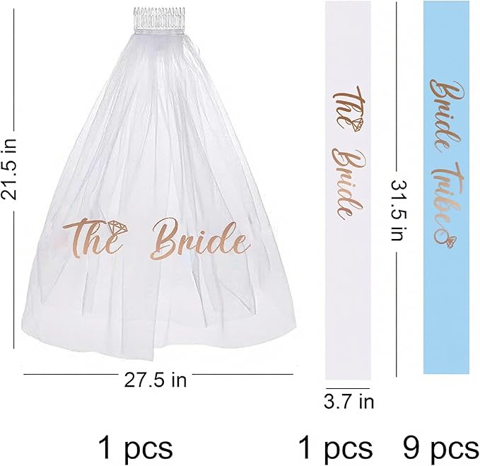 PartyGifts&beyond Bachelorette Party Favors Bride to Be Sash and Veil Set Bachelorette Sashes Bridal Shower Gifts Bride Tribe Sash (Light Blue, 11pcs)