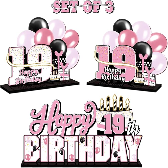 LINGTEER Happy 19th Birthday Pink Acrylic Table Topper Centerpieces Set - Cheers to 19 Years Old Birthday Nineteen Bday Party Gift Decorations.
