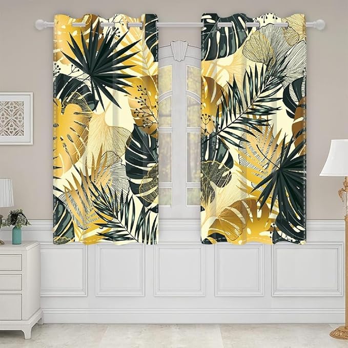 Green and Gold Leaves Blackout Curtains Tropical Jungle Plants Gold Palm Leaf Window Curtains for Bedroom Living Room Home Decor Palm Leaves Botanical Decorative Drapes,53x72 inch,2 Panels