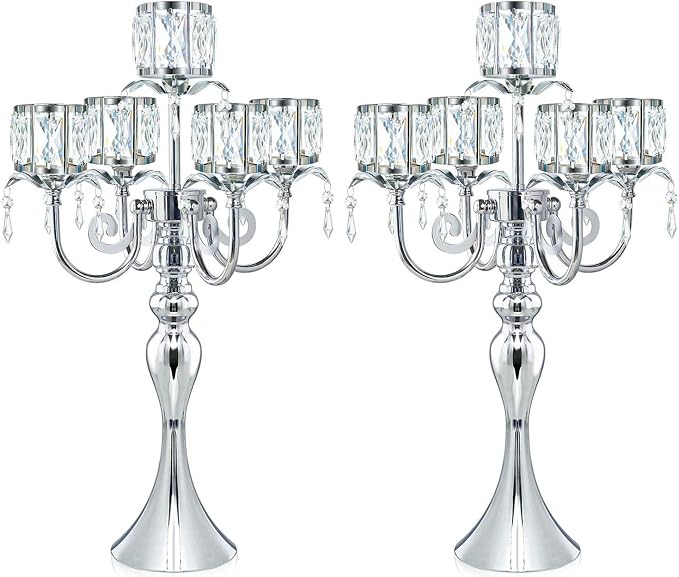 2 Pcs Silver 5 Arm Pendant Square Crystal Table Decor 22 inch Candle Holder, Classic and Elegant Table Centerpiece Atmosphere Candle Holders for Gift Wedding Party Home Decor