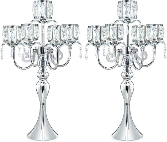 2 Pcs Silver 5 Arm Pendant Square Crystal Table Decor 22 inch Candle Holder, Classic and Elegant Table Centerpiece Atmosphere Candle Holders for Gift Wedding Party Home Decor