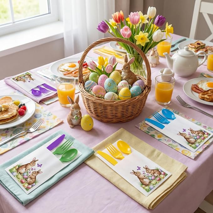 LemonRoad 50 Sets Easter Plastic Silverware Bunny Egg Disposable Prefolded Cutlery Includes Forks Knives Spoons Linen Paper Napkin Easter Tableware for Spring Gatherings Wedding Party Kitchen
