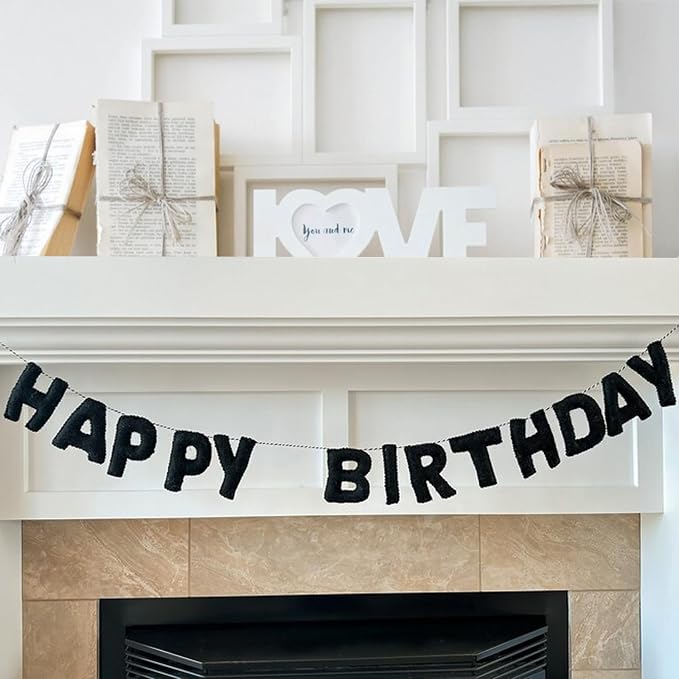 Meygajoe Pre-Strung Felt Happy Birthday Banner,Reusable HAPPY BIRTHDAY Garland,Birthday Banner Decorations,Personalized Happy Birthday Sign for Birthday Decor,Party Decor,Photo Prop (Black) M-123