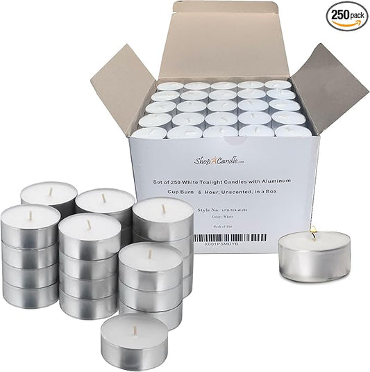 Tea Light Candles in Metal Cups - 6 Hours Clean, Long Burning White Unscented Tea 250 Votive Candles Bulk for Romantic Dinner, Wedding, Spa & Hotels by PARNOO