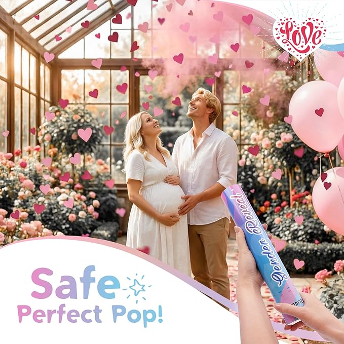 12Inches 4Pcs Gender Reveal Confetti Cannon - Biodegradable Powder & Heart Shaped Confetti Poppers - Pink, 4 Pack - Baby Girl Gender Reveal Smoke Bombs - Powder Cannon Party Poppers