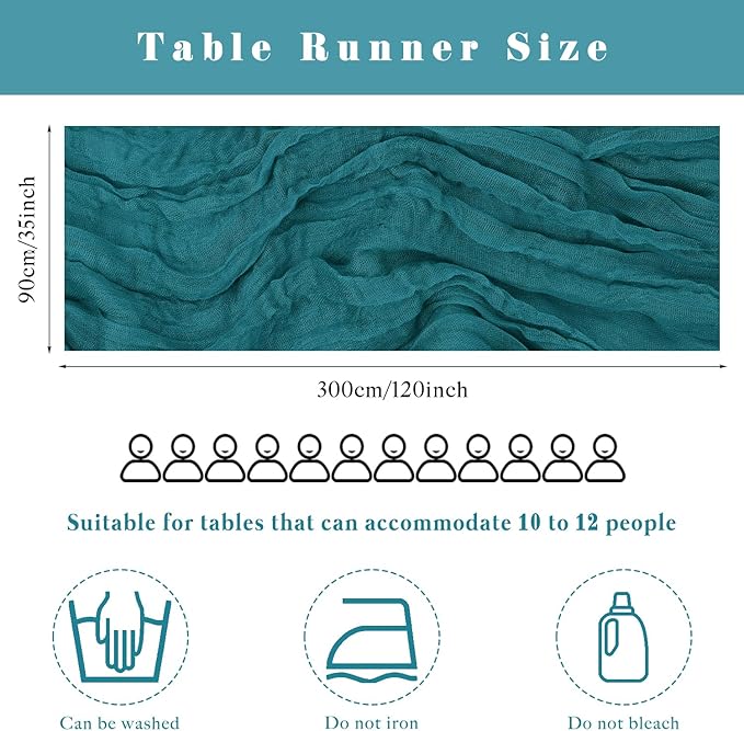 Teal Cheesecloth Table Runner 10FT Runner for Tables Gauze Fabric Boho Table Runner Decoration Rustic Sheer Runner for Wedding Shower Birthday Party Table Arbor Decor (35 x 120 Inches Long)