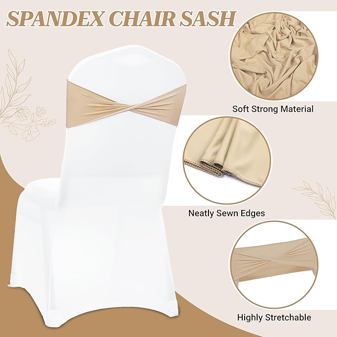MDS Pack of 50 Spandex Chair Sashes Bows Elastic Stretch Dining Chair Bands Ties Without Slider Buckle Universal fits for Wedding Baby Shower Birthday Party Banquet Event Decoration - Champagne Gold