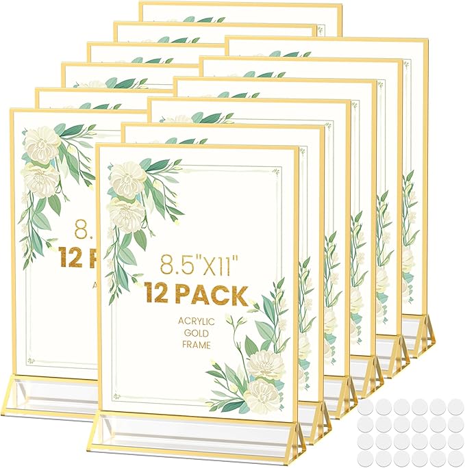 Acrylic Sign Holder 8.5x11 Gold Frames Double-Sided Gold Picture Frames for Flyer Menu Wedding Table Number Christmas Photo Frame with Glue Dots - 12 Pack