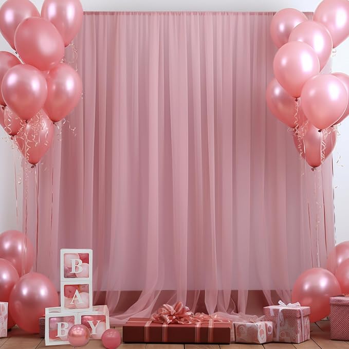 10x10ft Dusty Rose Tulle Backdrop Curtain for Parites, Sheer Backdrop Curtains for Wedding Baby Shower Birthday Party Photo Shoot Decorations