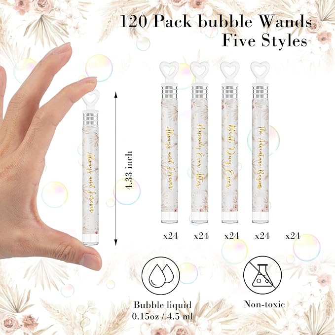 Hollowfly 120 Pack Bohemia Wedding Mini Bubble Wands for a Wedding Bulk White Gold Heart Bubble for Guests Send Off Wand Adults Bridal Exit Shower Party Supplies Valentine Anniversaries Celebration