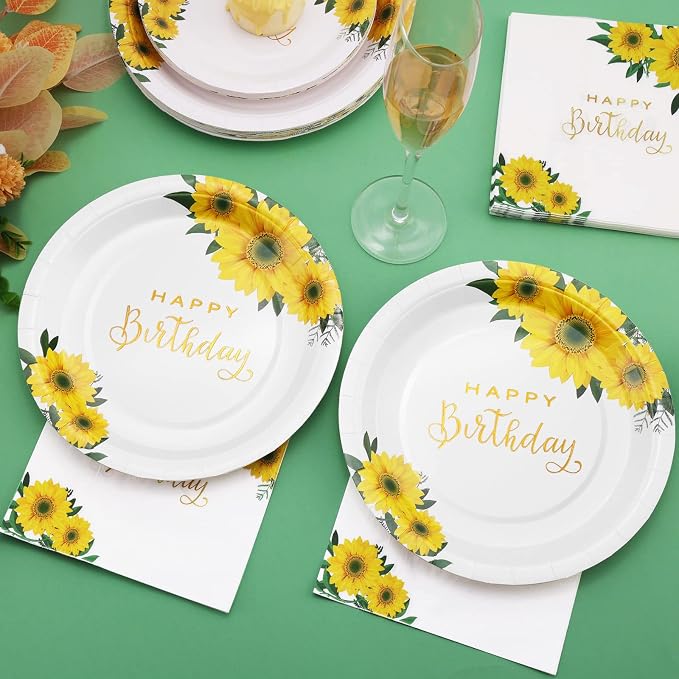 168Pcs Sunflower Birthday Decorations for Women Girls, Happy Birthday Plates and Napkins for Women, Sunflower Plates Serve 24, Yellow Party, Spring Summer Fall Easter Mothers Day