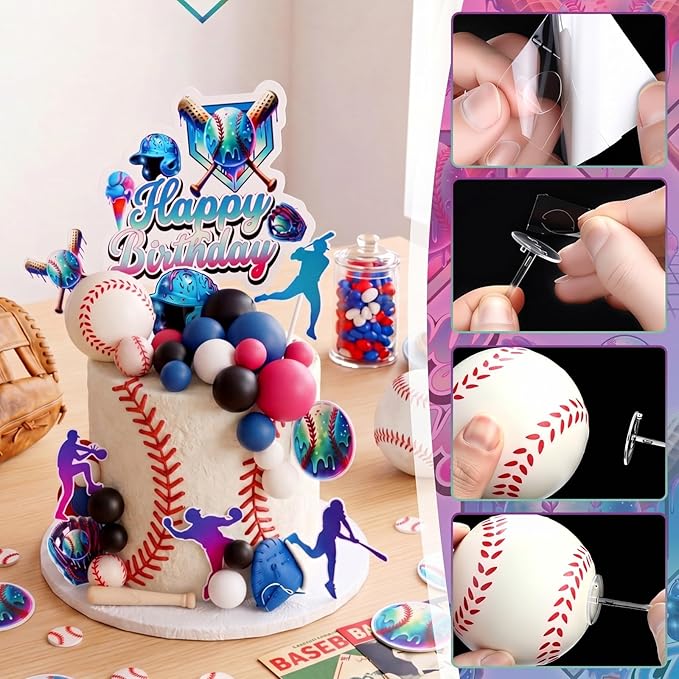 Novabright 42 Pcs Baseball Ice Cream Drip Birthday Cake Decorations Baseball Themed Birthday Cake Toppers Detachable Photo Props for Party Supplies (Ice Cream,Black)