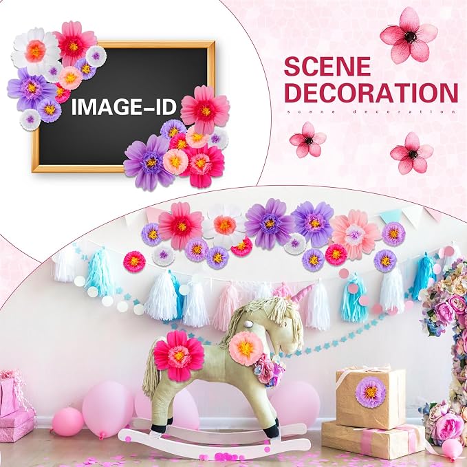 Crowye 24 Pcs Large Colorful Tissue Paper Flowers Decorations Giant Fiesta Craft Crepe Paper Flowers for Wall Decor Backdrop Mexican Wedding Birthday Carnival Party (10'' 20'',Bright Color)