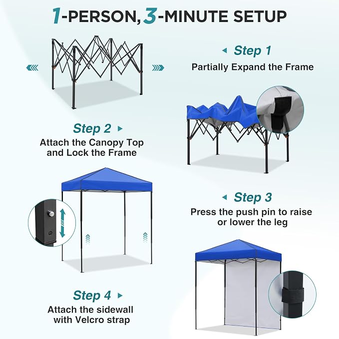 EAGLE PEAK 6x4 Instant Pop Up Canopy Tent with 1 Side Wall Panel, Straight Leg Sun Shelter, Portable Canopy with Carry Bag for Camping, Beach & Sports, Blue