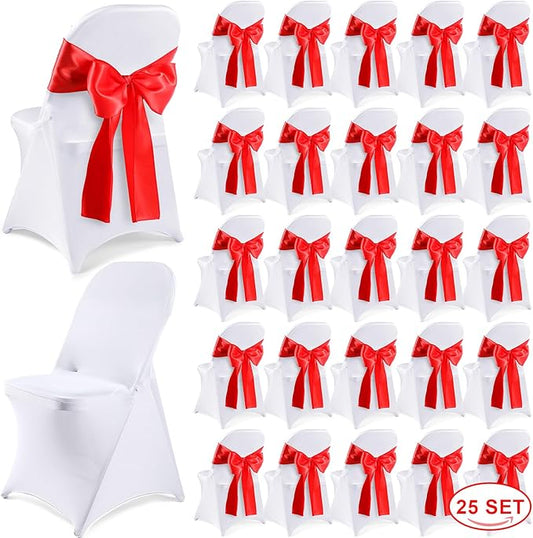 Lounsweer 50 Pcs Folding Chair Cover Set with 25 Stretch Spandex Slipcovers 25 Satin Chair Sashes Bows Ribbon Washable Banquet Protector for Wedding Event Party(White, Red)