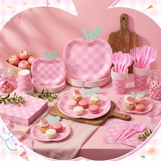400 Pcs Apple Party Decorations Supplies Serve 50, Back to School Apple Paper Plates Napkins Cups Pink Checkerboard Disposable Tableware Set for Last/ First Day of School Party