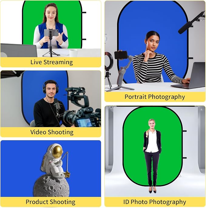 5x6.6ft Green Screen Backdrop for Photography, 2-in-1 Blue Pop Up Collapsible Photo Background with Clip and Carry Case for YouTube Videos Studio Props