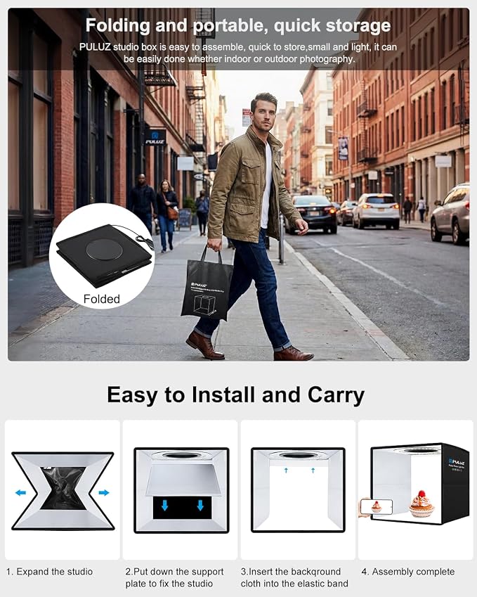 10"x10" Mini Photo Light Box, PULUZ Portable Lightbox with 104 LED Ring Light, CRI 97+ Dimmable Shooting Tent Kit, 12 Backdrops Photo Studio for Jewelry & Small Items Photography