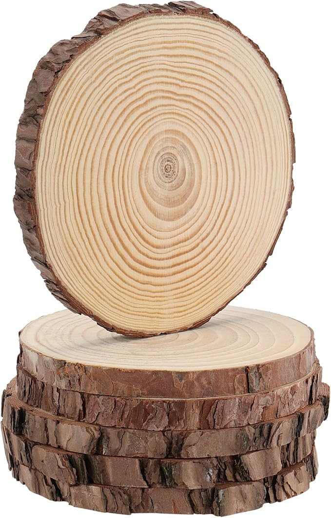 JEUIHAU 6 PCS 7-8 Inches Natural Unfinished Wood Slices, Round Wooden Tree Bark Discs, Wooden Circles for DIY Crafts, Christmas, Rustic Wedding Ornaments