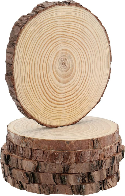 JEUIHAU 6 PCS 7-8 Inches Natural Unfinished Wood Slices, Round Wooden Tree Bark Discs, Wooden Circles for DIY Crafts, Christmas, Rustic Wedding Ornaments