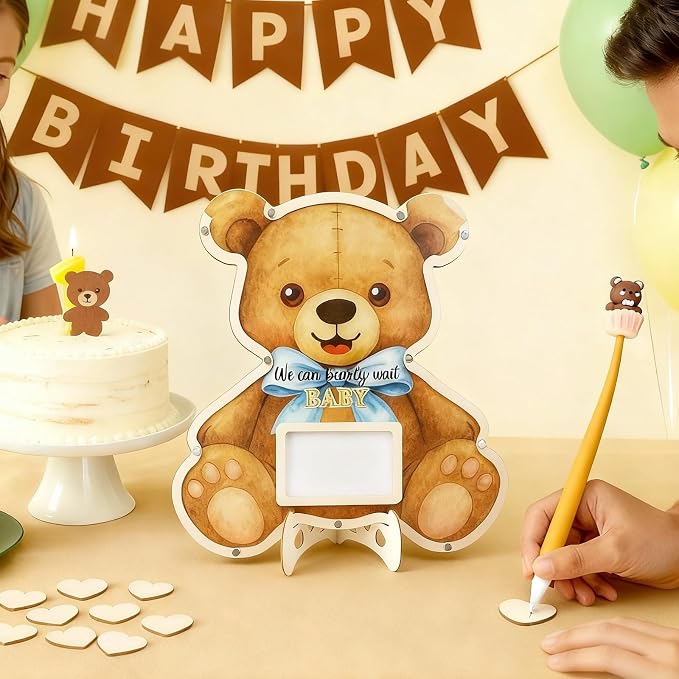 Teddy Bear Baby Shower Decorations,We Can Bearly Wait Baby Shower Guest Book Alternatives with Bear Pen,Photo Frame and 60 Heart Wood Slices for 60 Guests,Gender Reveal Decorations