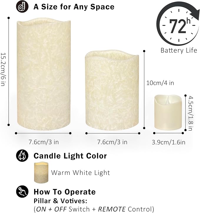 FURORA LIGHTING Ivory Crystallized Flameless Candles - Real Wax, Adjustable Brightness, Remote & Timer - 4 Pillars (3x4, 3x6) and 4 Votives, 8-Pack, Battery Operated