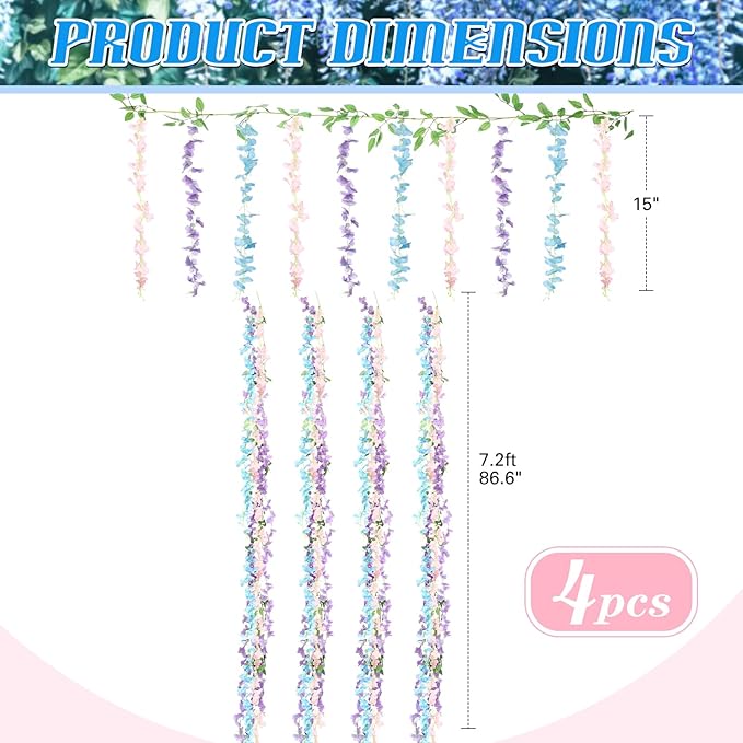 Thiccywoov 4pcs Wisteria Artificial Flowers Garland, 7.2Ft/Piece Wisteria Hanging Flowers Garland for Wedding Arch Decoration Outdoor Ceremony Home Backdrop Garden (Pink,Purple,Blue)