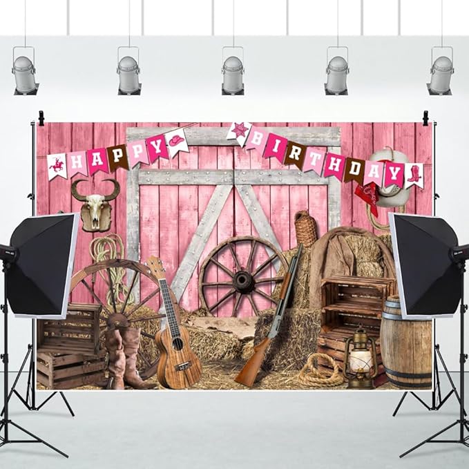 Leowefowa Pink Western Cowgirl Backdrops 15x10ft Pink Barn Door Haystacks Background for Photography Western Rustic Girl Birthday Party Banner Decor Cowgirl Party Portrait Studio Props Vinyl