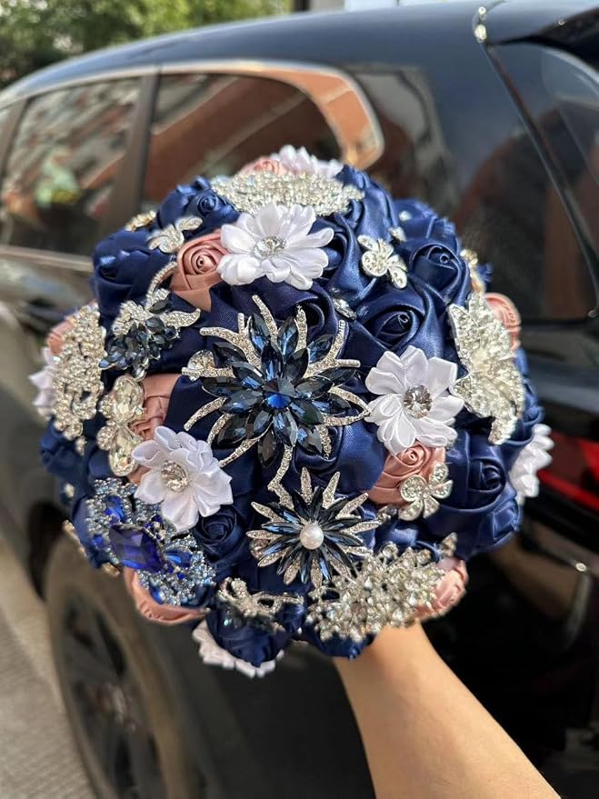 Bridal Wedding Bouquet with Luxury Rhinestone Brooch Bling Bouquet for Bride Bridesmaid Quinceanera Satin Rose Flower Bouquet Wedding Dusty Pink and Navy Blue 8.3in