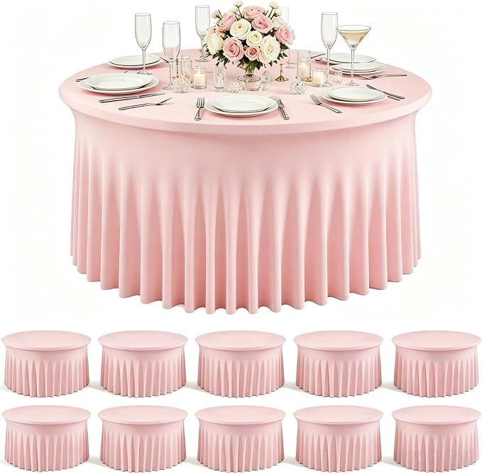 10 Pack Pink Spandex Round Tablecloths for 60inch Tables, 120 Inch Stretchy 5ft Round Fitted Tablecloth Wrinkle Free Washable Table Cloths Table Covers with Skirt for Wedding Party Birthday Banquet