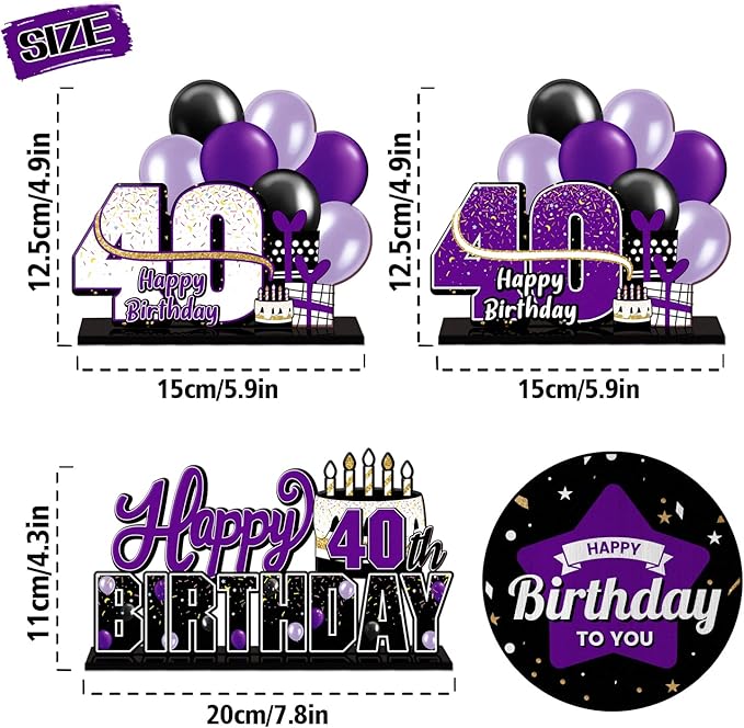 LINGTEER Happy 40th Birthday Purple Acrylic Table Topper Centerpieces Set - Cheers to Forty Years Old Birthday 40th Bday Party Gift Decorations.