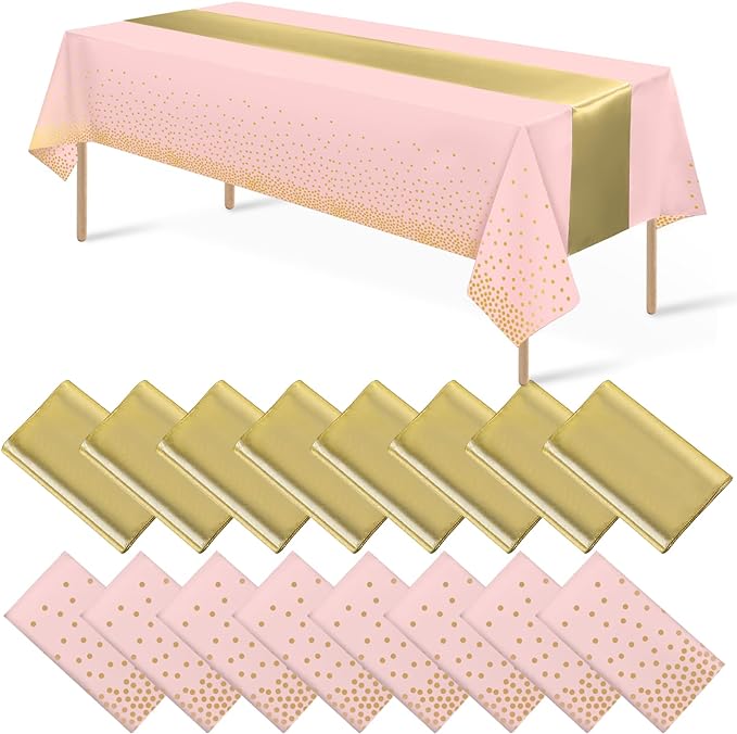 16Pack Disposable Plastic Tablecloths and Satin Table Runner Set Pink and Gold Dot Tablecloth Gold Satin Table Runner for Wedding Birthday Baby Shower Anniversary Christmas New Year Party Supplies
