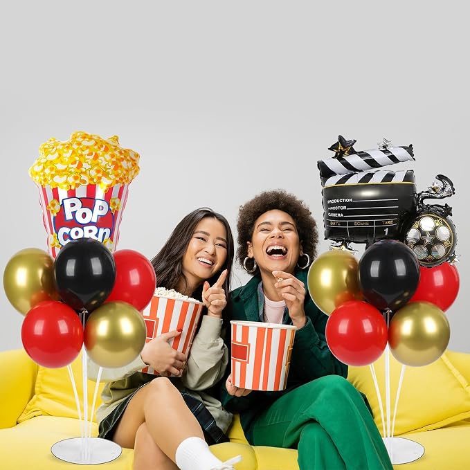Movie Night Party Balloons Stand Kit 2 Sets with 2 Popcorn Clapboard Foil Balloons Black Red Gold Party Balloon Centerpiece for Tables for Birthday Camera Film Movie Party Decoration