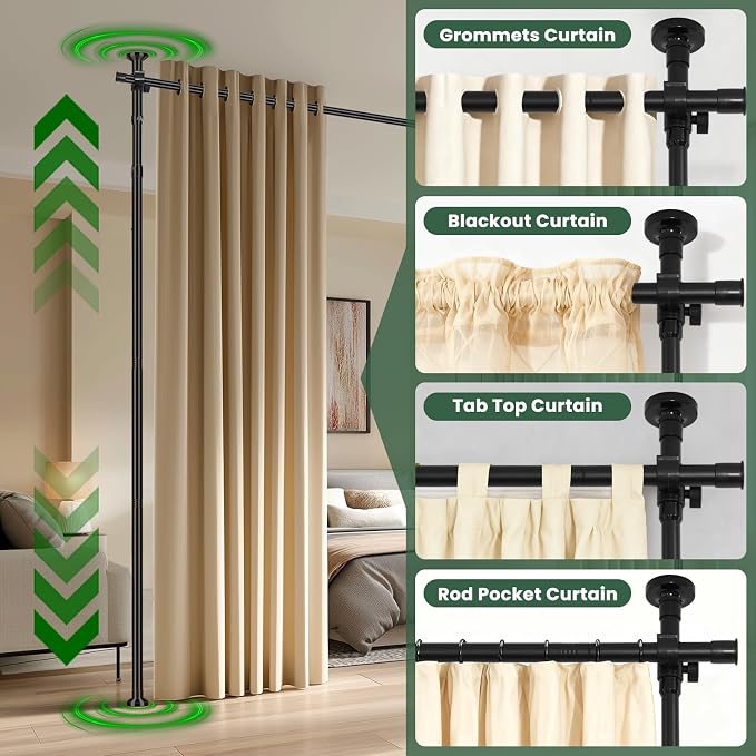 Jilron Tension Curtain Rods No Drill Adjustable Room Divider, Tension Rod for Room Separator and Partition Room Dividers, Easy Installation for Bedroom & Apartment (Black - W35-100 × H43-120 in)