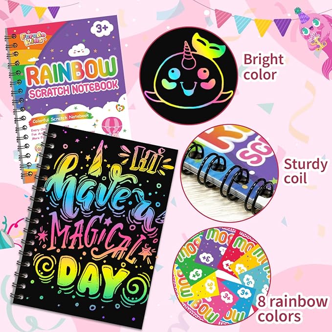 Scratch Paper Art Party Favors for Kids: 16 Pack Rainbow Scratch Notebook, Goodie Bags Stuffers Coloring Books Party Favors for Kids 3-12, Bulk Classroom Birthday Gifts for Student