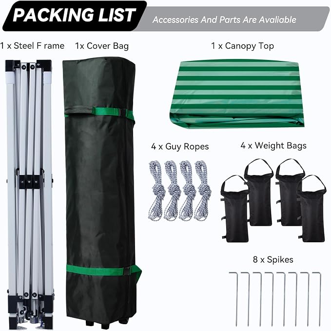 Nazhura 10' x 10' Pop Up Canopy with Sand Weight Bag, Awing for Patio, Freestanding Sun Shelter for Picnic and Camping, One Person Setup, White (Green Stripe)