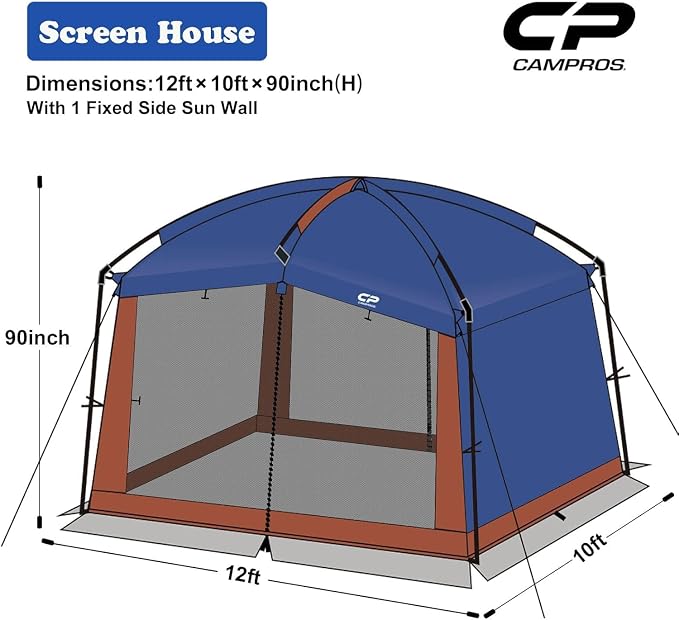 CAMPROS CP Screen House Room with 1 Side Wind/Sun Panel Canopy Tent Camping Tent Screen Shelter Gazebos for Patios Outdoor Camping Activities, 12'X10'X90in(H) - Blue